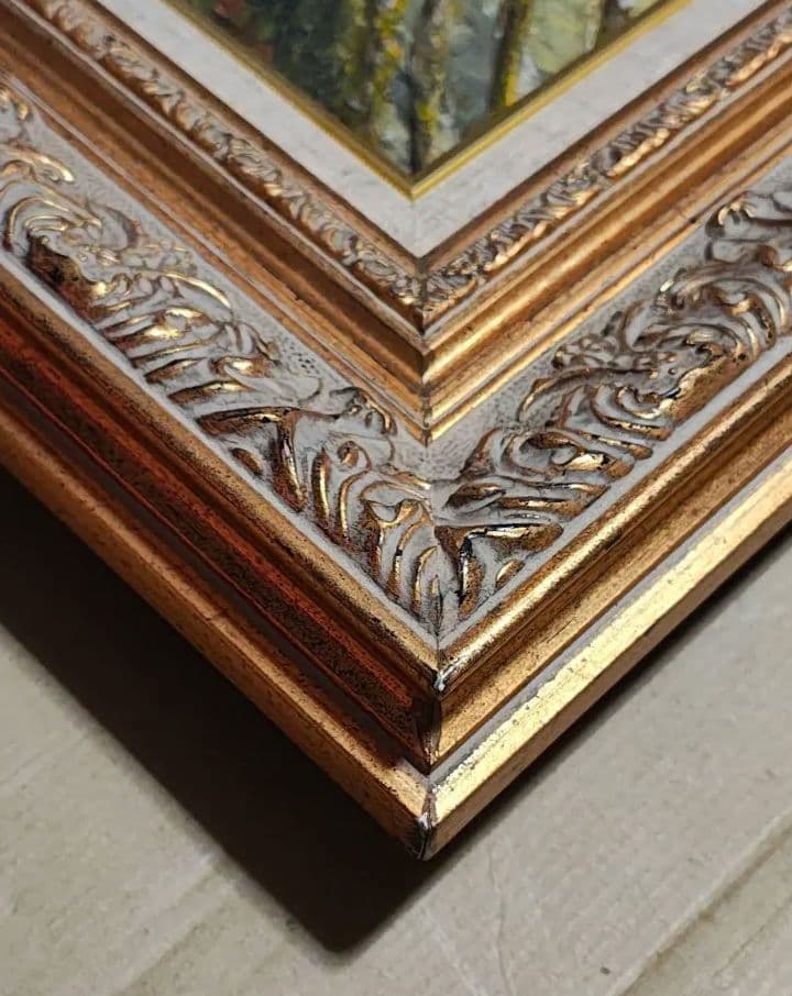 F12号】大型 油絵 風景画 額縁入り バス停 山道 アンティーク 肉筆