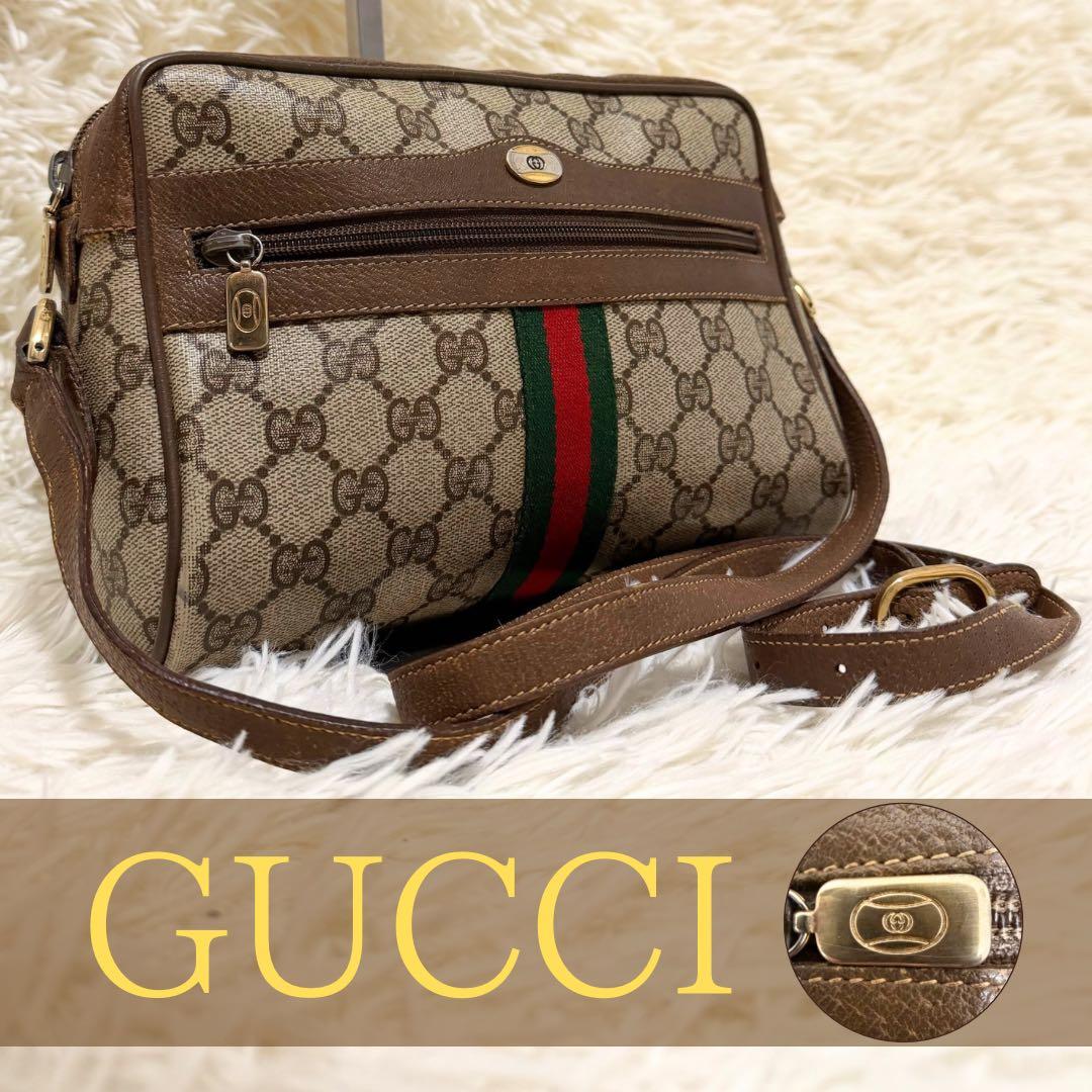 希少 紙タグ グッチ シェリーライン GG キャンバス レザー ショルダー