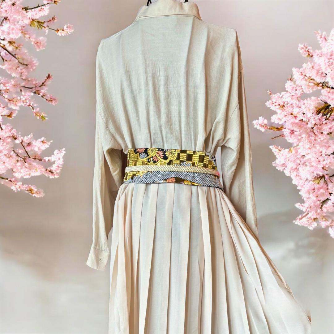 サッシュベルト 振袖帯 リメイク｜市松と桜☆ピンク帯締め 和洋折衷