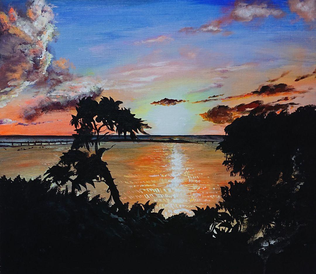 空飛ぶ画家、糸川裕志の富士山曼荼羅図、抽象油彩画 シルバーフレーム