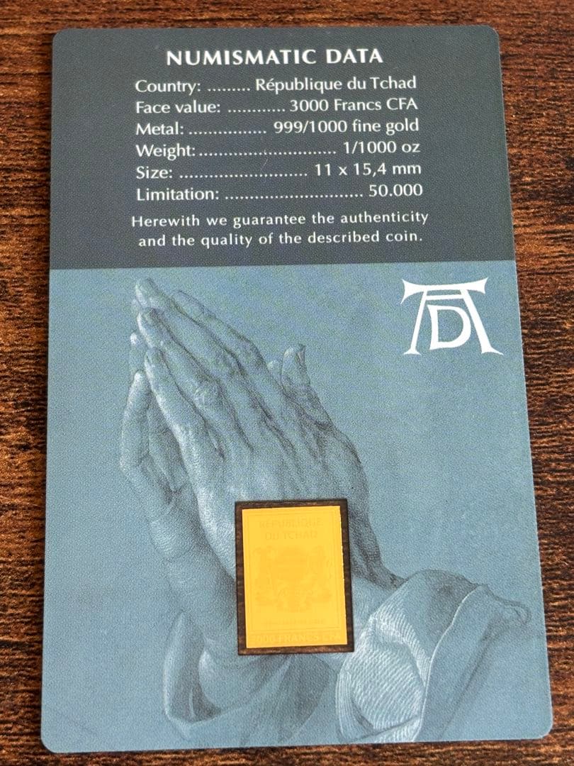 純金】祈りの手 1/1000oz Fin Gold チャド共和国 インゴット