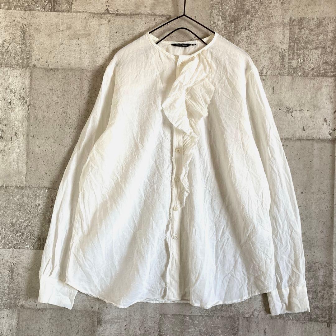 pas de calais パドカレフリル長袖ブラウス 綿麻シャツ アシメ 春夏