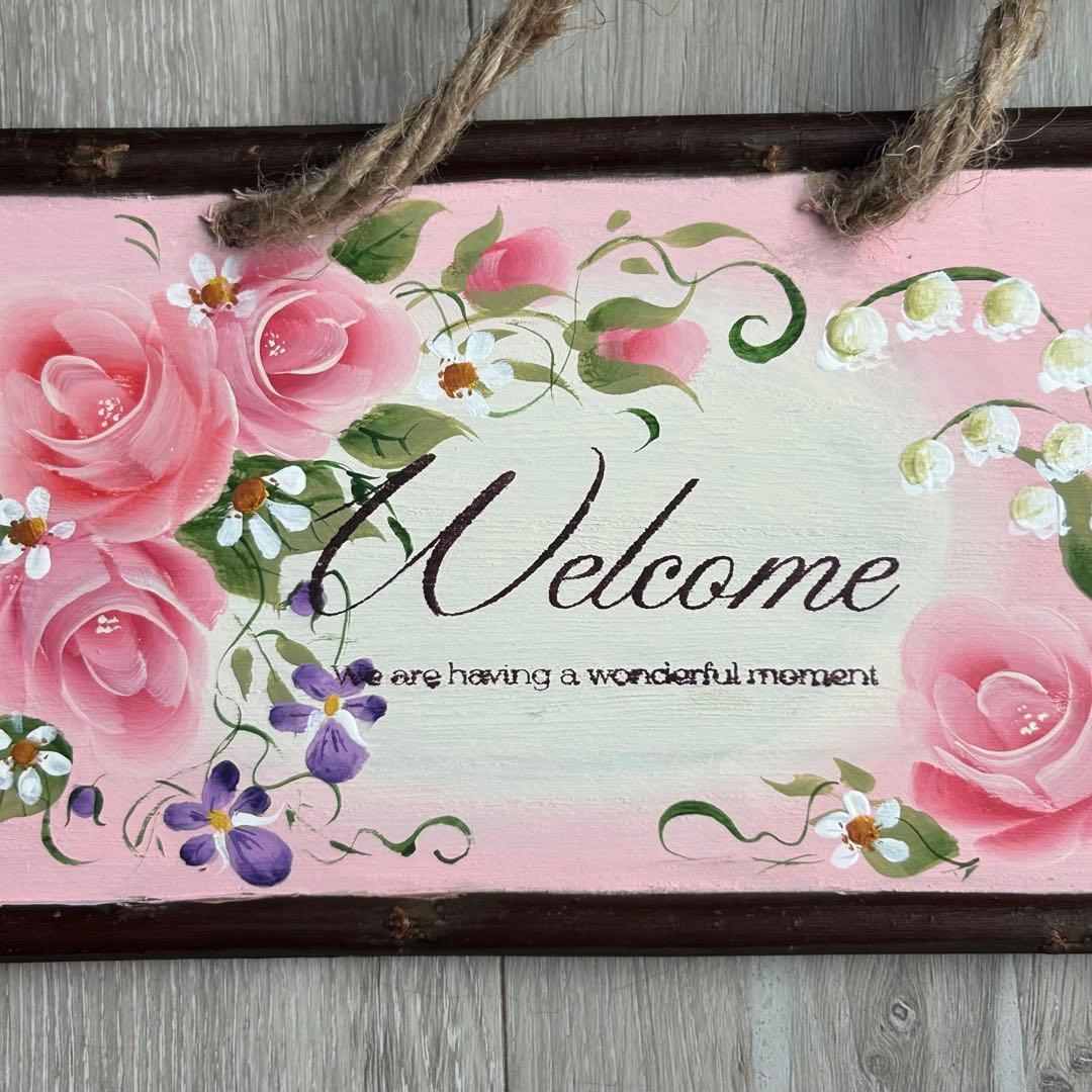 トールペイント作品 ピンクベースにピンクの薔薇のウェルカムボード