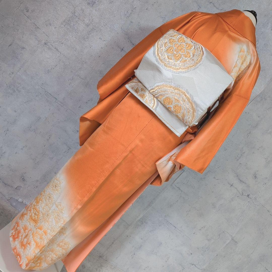 訪問着 フルセット 着物 正絹 オレンジ 橙 明るい 金駒刺繍 O8 - メルカリ