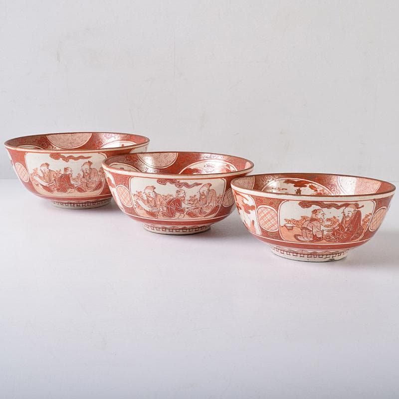 九谷焼 古九谷 赤絵金彩 窓絵 人物花鳥文 三ッ組鉢 時代箱付 U R8370