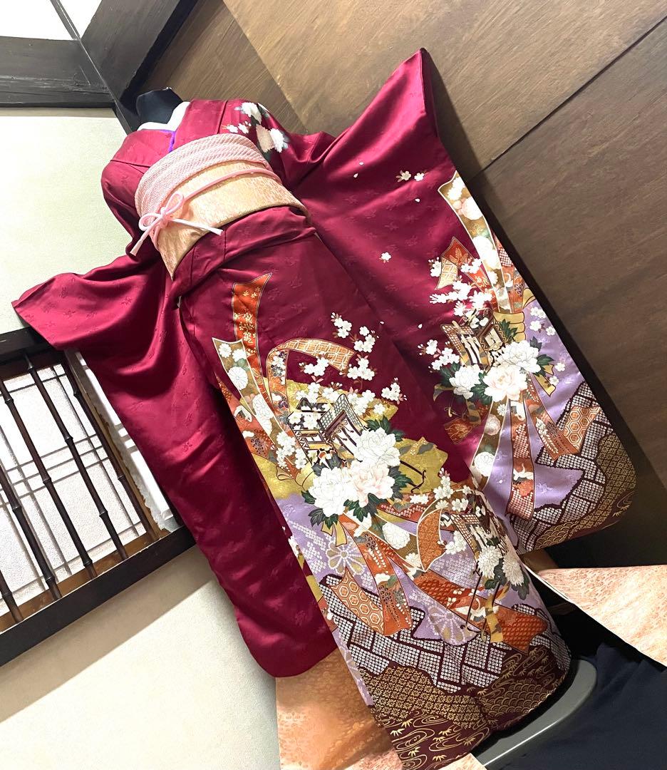 振袖フルセット6点サイズS〜M 束ね熨斗御所車花文 金彩 正絹 - メルカリ