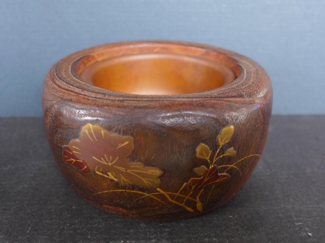 時代物　小型手あぶり火鉢　桑の木一刀彫 蒔絵　古道具　アンティーク　骨董 時代物 小型手あぶり火鉢 桑の木一刀彫 蒔絵 古道具 アンティーク 骨董