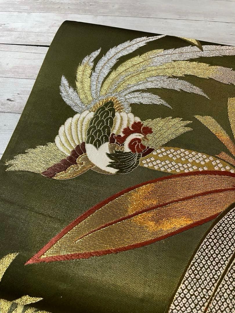 正絹 唐織 六通柄袋帯 鳳凰笹文様 '華飾' 金銀糸 艶やかな海松色 美品