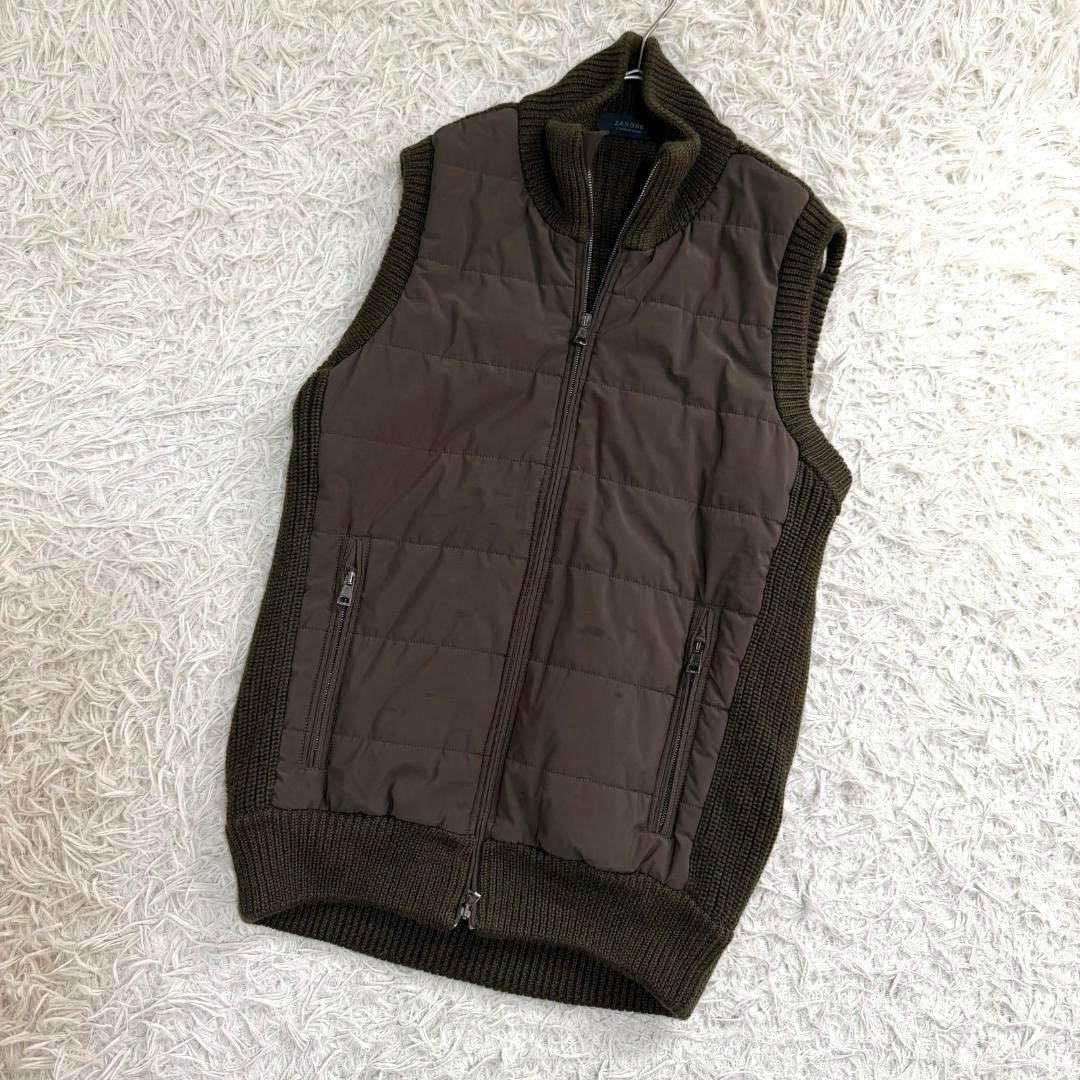 16979✨ザノーネ ニット切替ダウンベスト カーキ 46 M プリマロフト Lot No. SC15222 / LEATHER YOKE T/C DOWN VEST - SUGAR CANE
