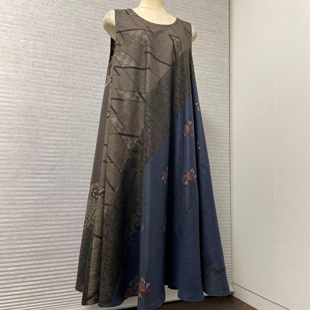 着物ワンピーステントラインロング丈《5》大島紬《龍郷柄7マルキ含む》や紬等L〜