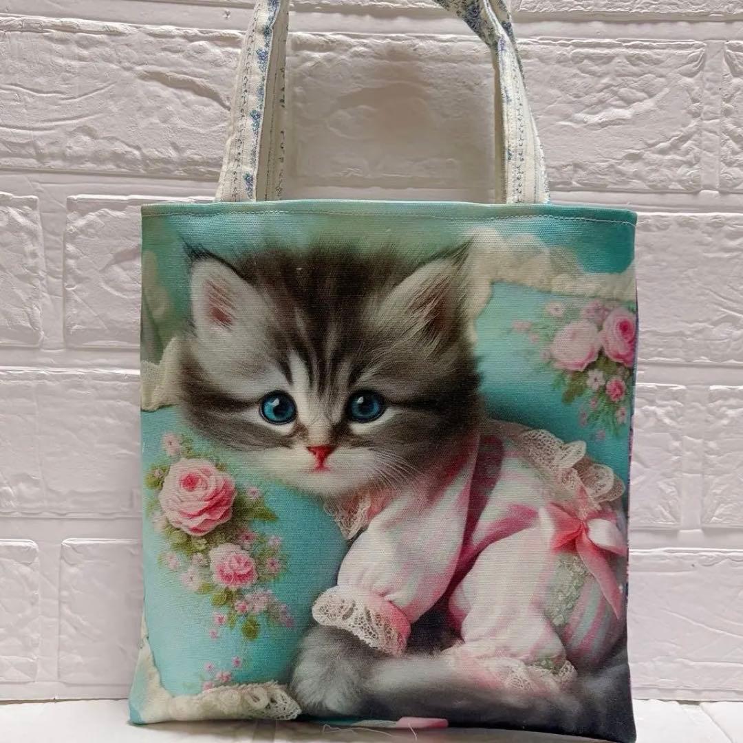 ミニトートバッグ お散歩バッグ ハンドメイド 姫パジャマ猫ちゃん 両面