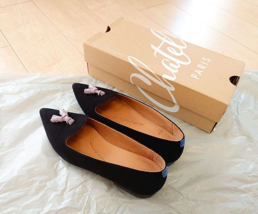 Chatelles 黒 ポインテッドトゥ シューズ アニュアンス anuans ポインテッドトゥフラットシューズ （BLACK） -靴