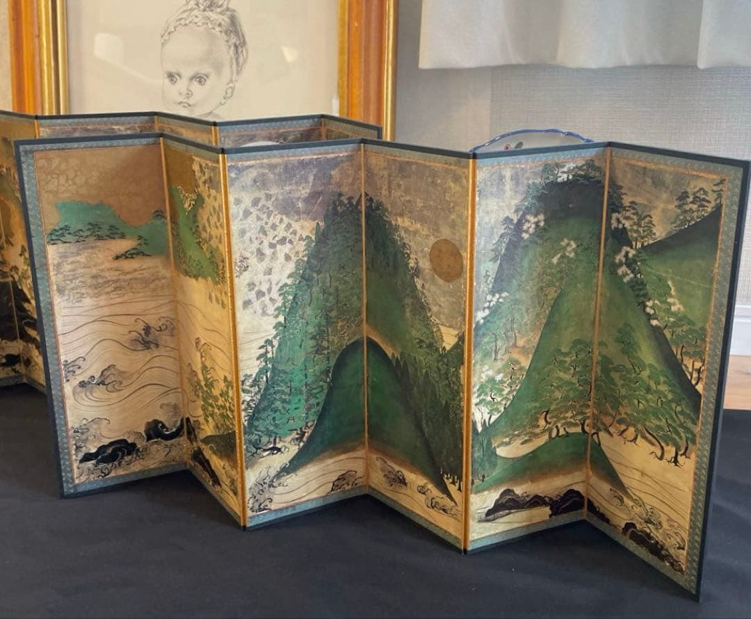 便利堂 縮小屏風「日月山水図屏風」重文表記（国宝指定前ロット）日本