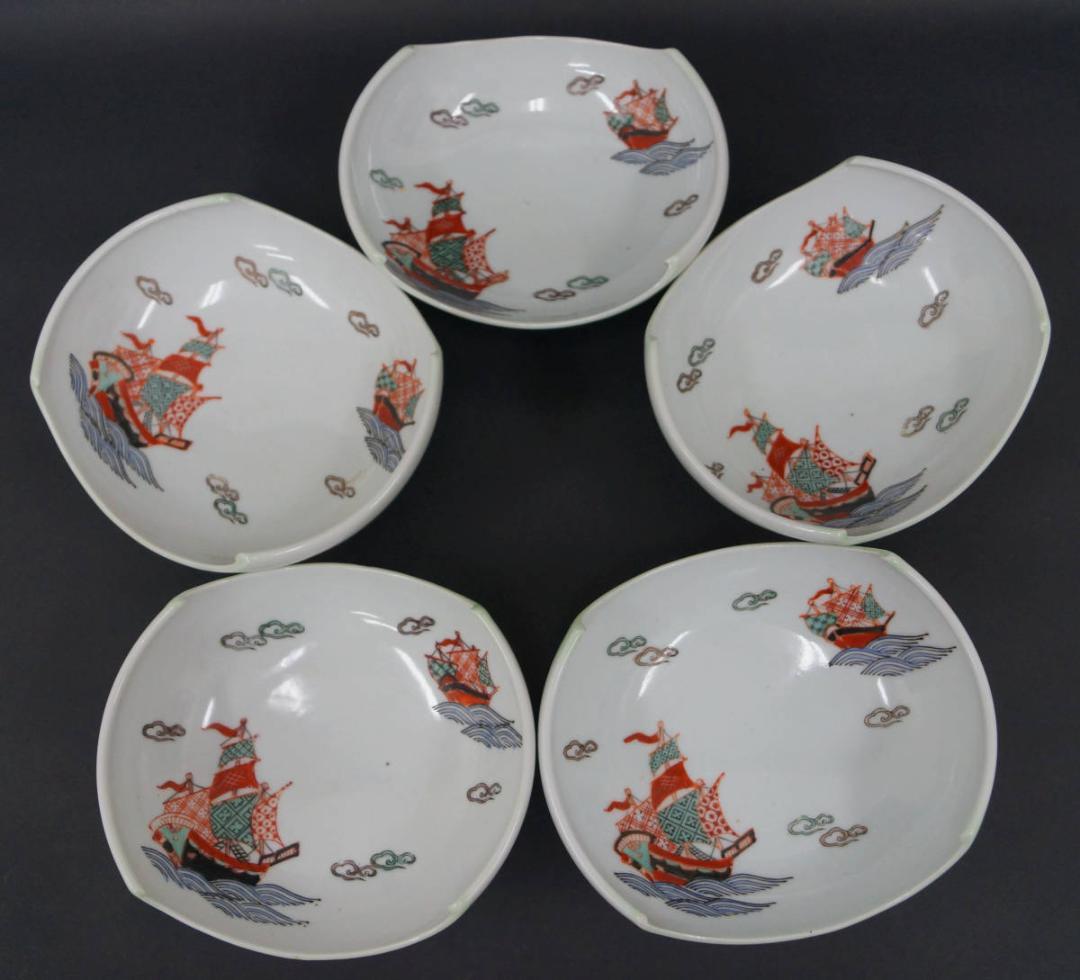 伊万里 赤色絵『オランダ文』台付皿 向付 五客セット 極上絵付け！ 極上絵付け！ 明治〜大正期 伊万里焼 有田焼 十錦手 色絵