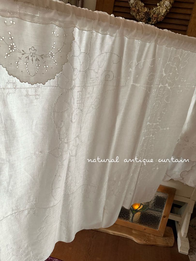 フランスアンティークஐ⋆*刺繍カーテンドイリー付き 2枚1組) フランス アンティーク チュールレースカーテン 刺繍 エクリュ
