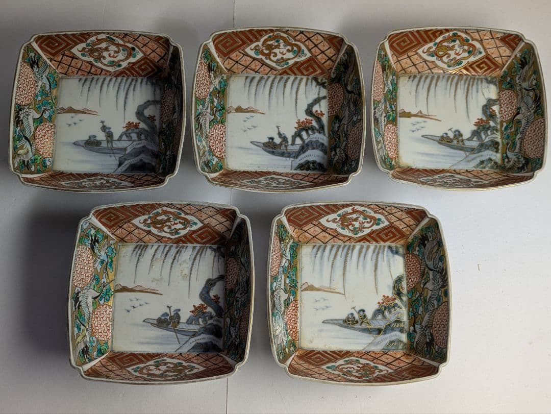 古伊万里、有田焼、富右衛門作、『色絵二方窓絵龍鶴文見込染付金彩山水