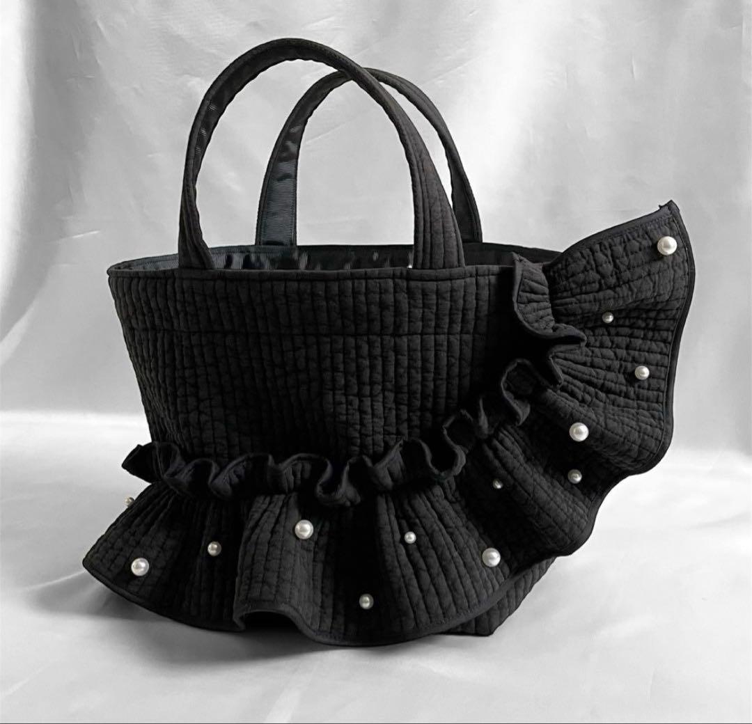 新作♡ヌビバッグ フリルギャザー ブラック パール 底板マグネット付き