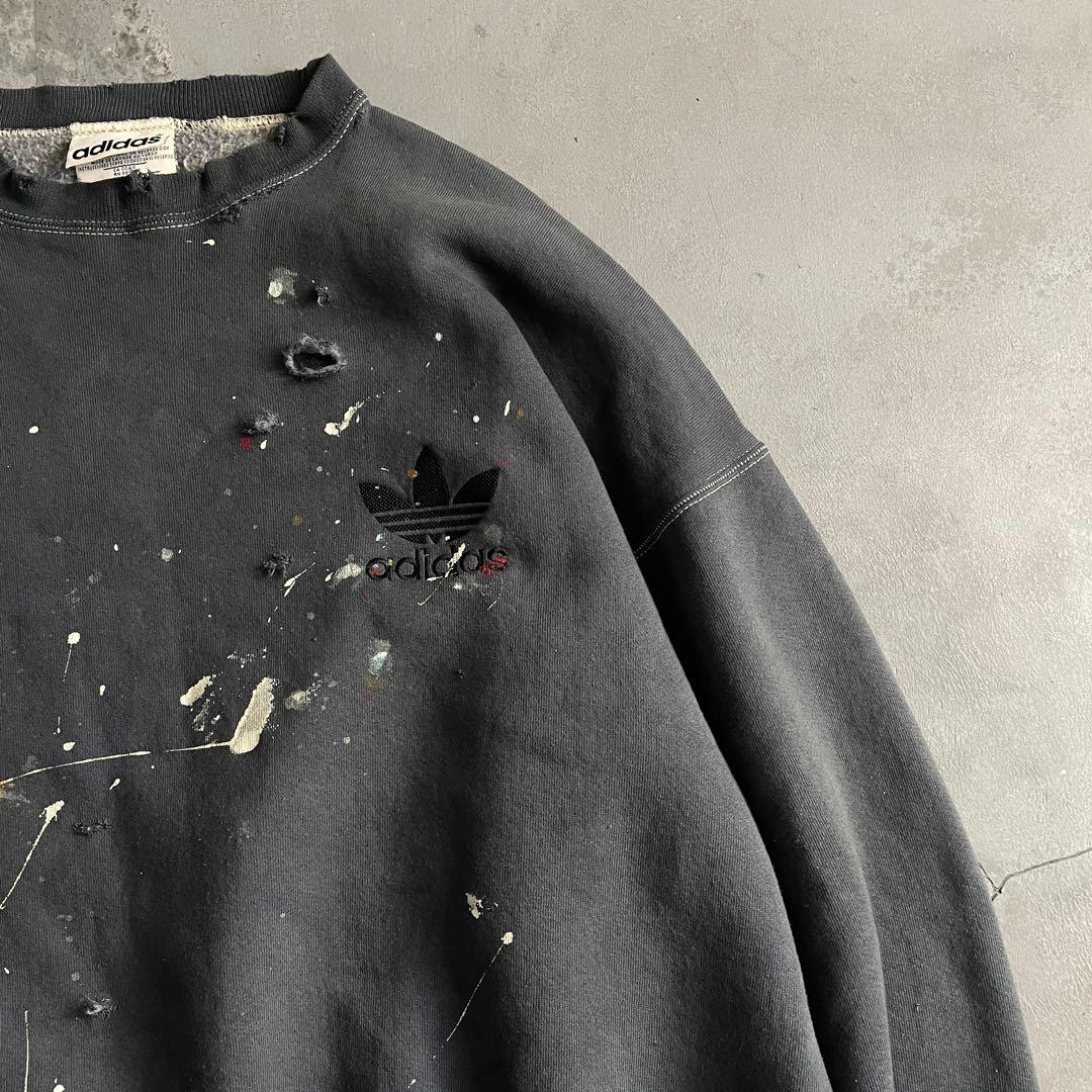 80s 万国旗“adidas”墨黒“XL“USA製“ペンキ”boro sweat