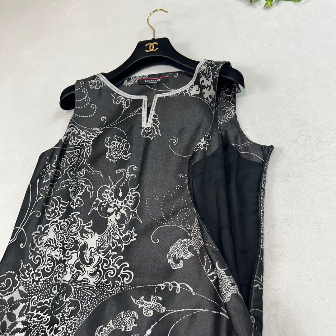 K667 美品 M レオナール シルク混 ひざ丈ワンピース ブラック