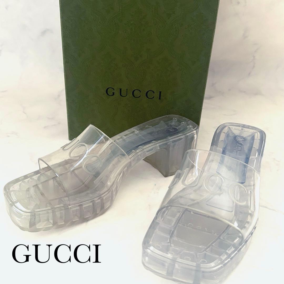 GUCCI クリア エンボスロゴ チャンキーヒール サンダル 39 保存袋 箱付 GUCCI クリア エンボスロゴ チャンキーヒール サンダル 39 保存袋 箱付