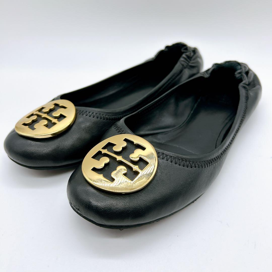 美品】TORY BURCH トリーバーチ 金ロゴ バレエシューズ レザー 黒