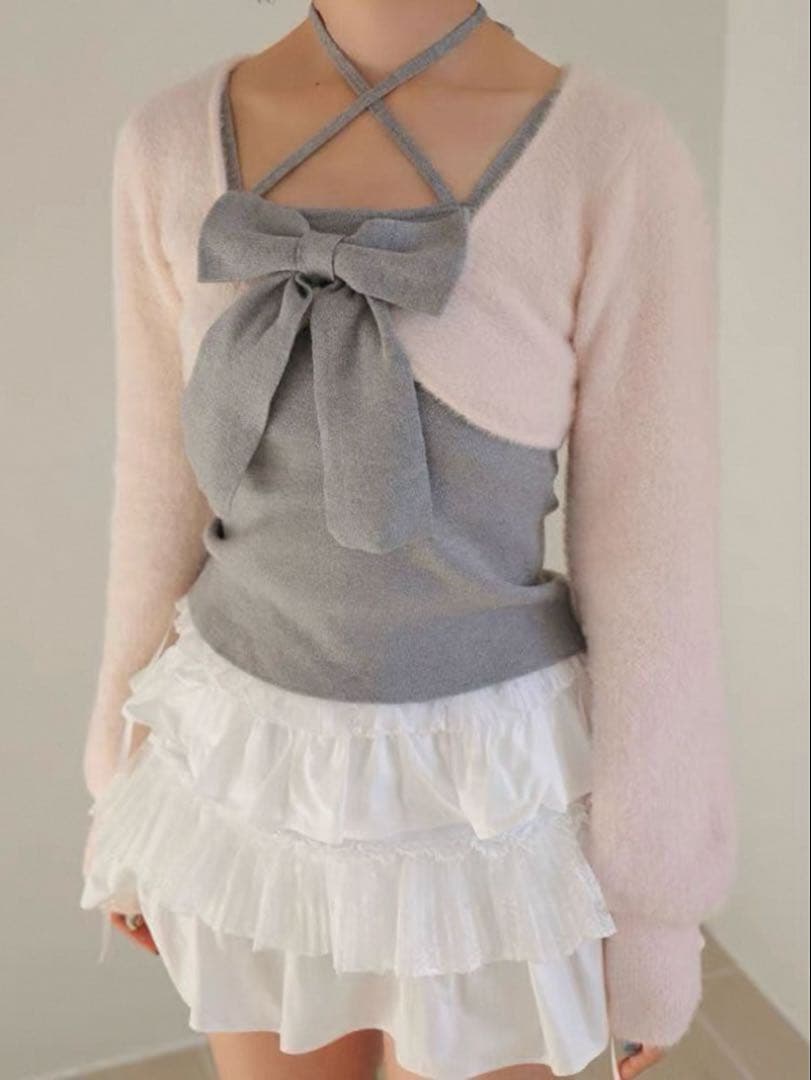 bubbles リボンニットアンサンブル レイヤード トップス ピンク グレー