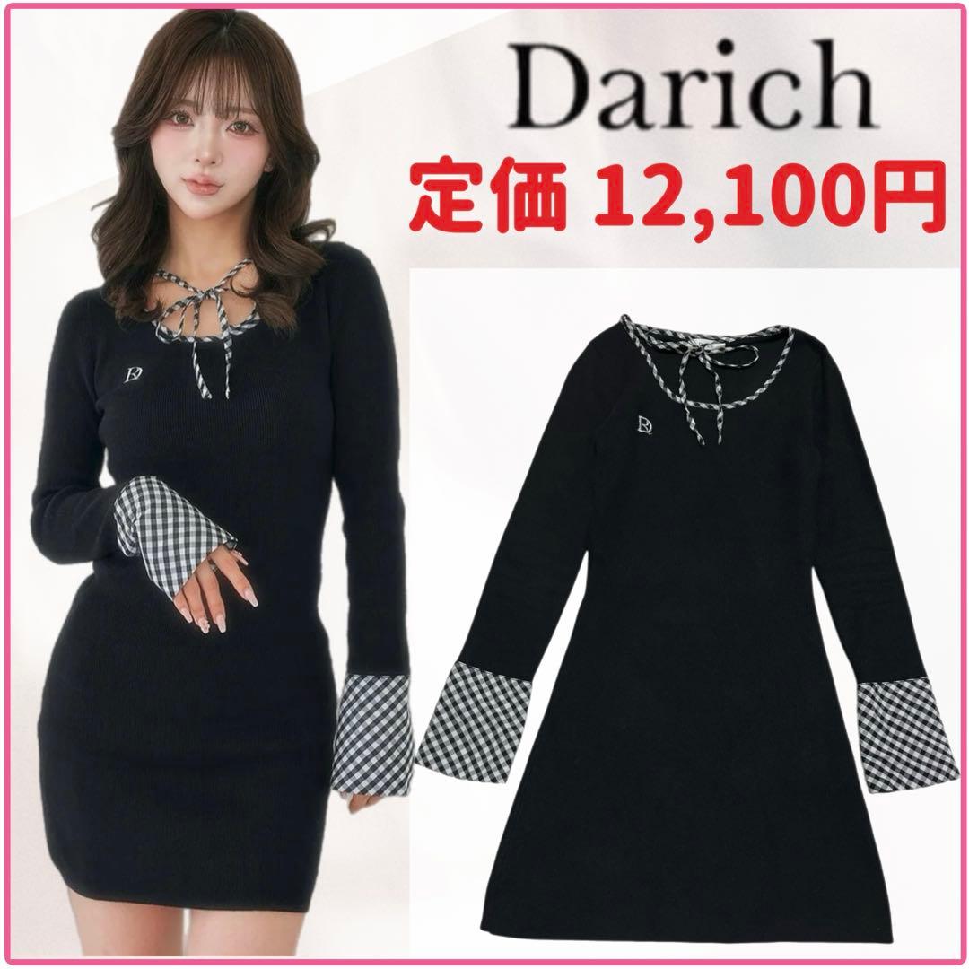 【大人気】ダーリッチ チェックリボンニットミニワンピース　黒 チェックリボンニットミニワンピース – Darich (ダーリッチ)