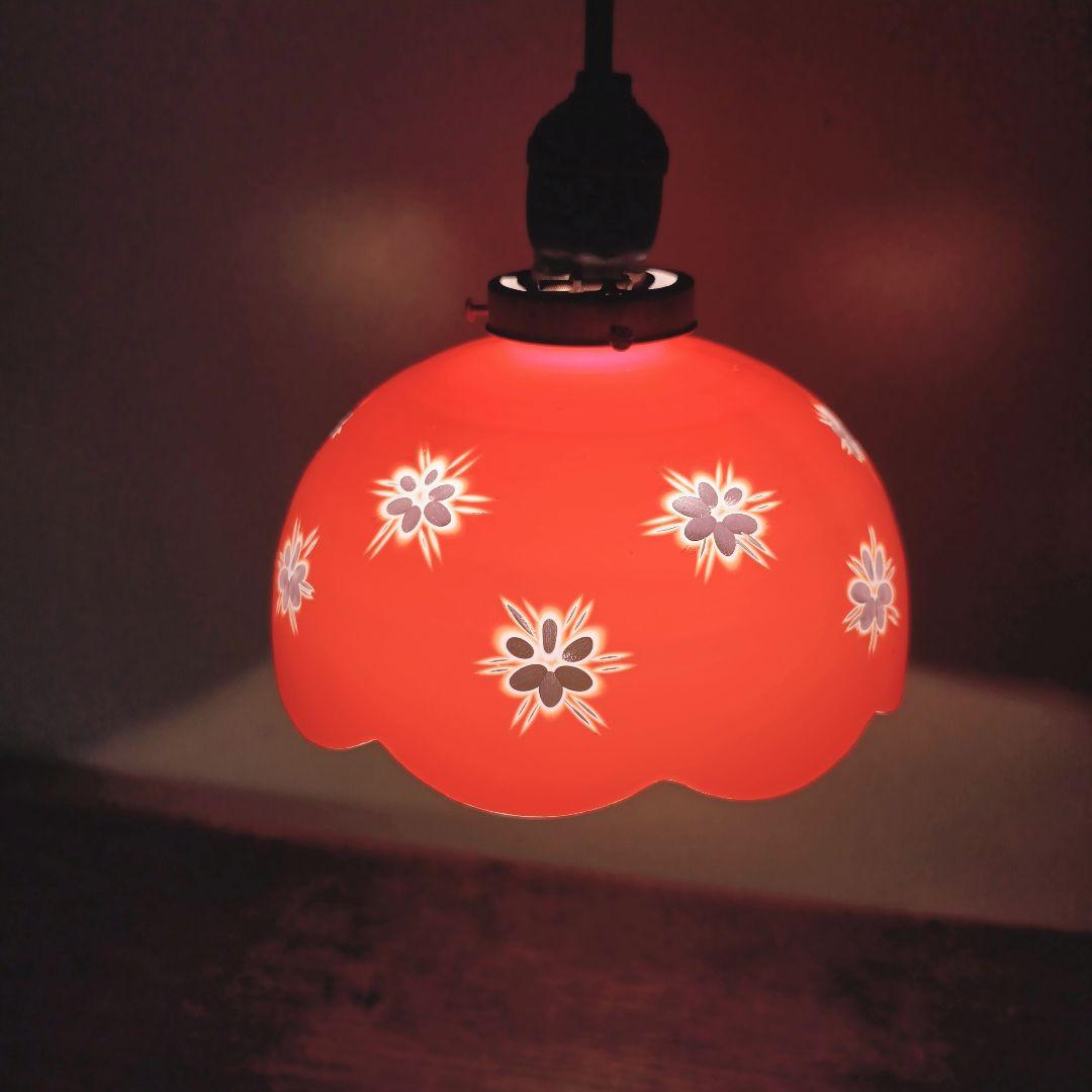 赤】 切子 電笠 ガラス 花模様 被せ 照明 大正 ライト 乳白 シェード