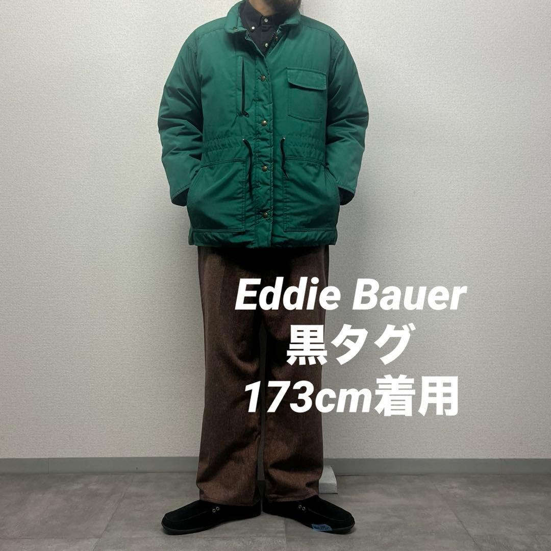 オールドエディーバウアーダウンジャケット緑黒タグUSAアメリカアウトドア古着 80's 黒タグ エディバウアー フード付き ダウンジャケット オリーブ