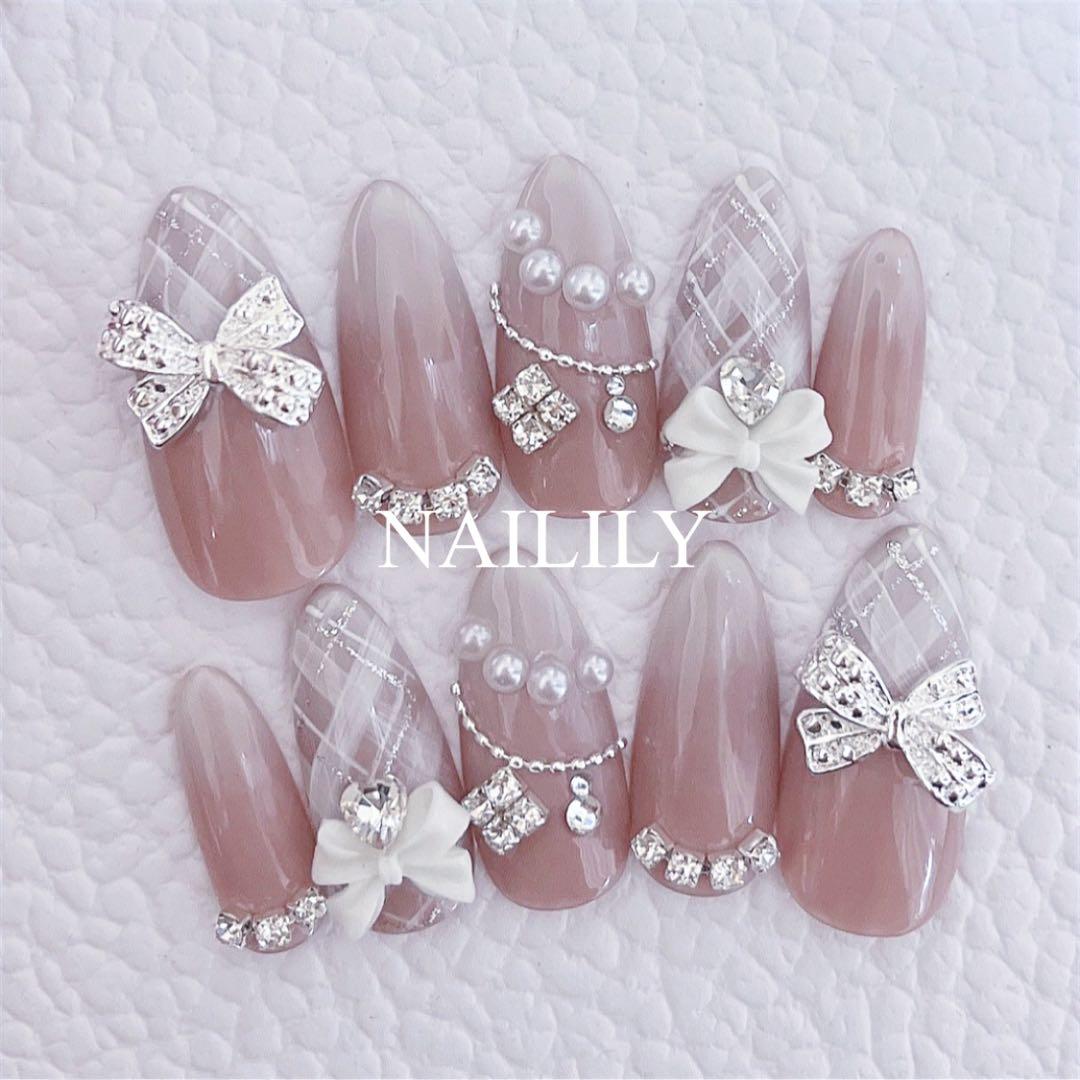 ネイルチップ チェック ガーリー 韓国 リボン 量産型 地雷系