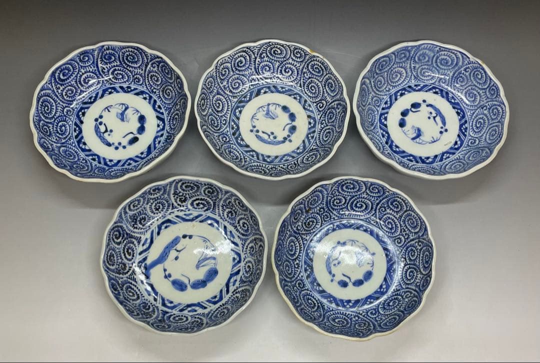 古伊万里　染付　蛸唐草文　松竹梅　膾皿　なます皿　5客　Ka334 古伊万里 染付 蛸唐草文 松竹梅 膾皿 なます皿 5客 Ka334 古伊万里 染