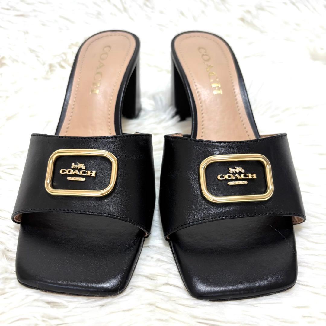 【美品】コーチ　スクエアトゥミュール　ヒール　ロゴ金具　ブラック　23.5cm