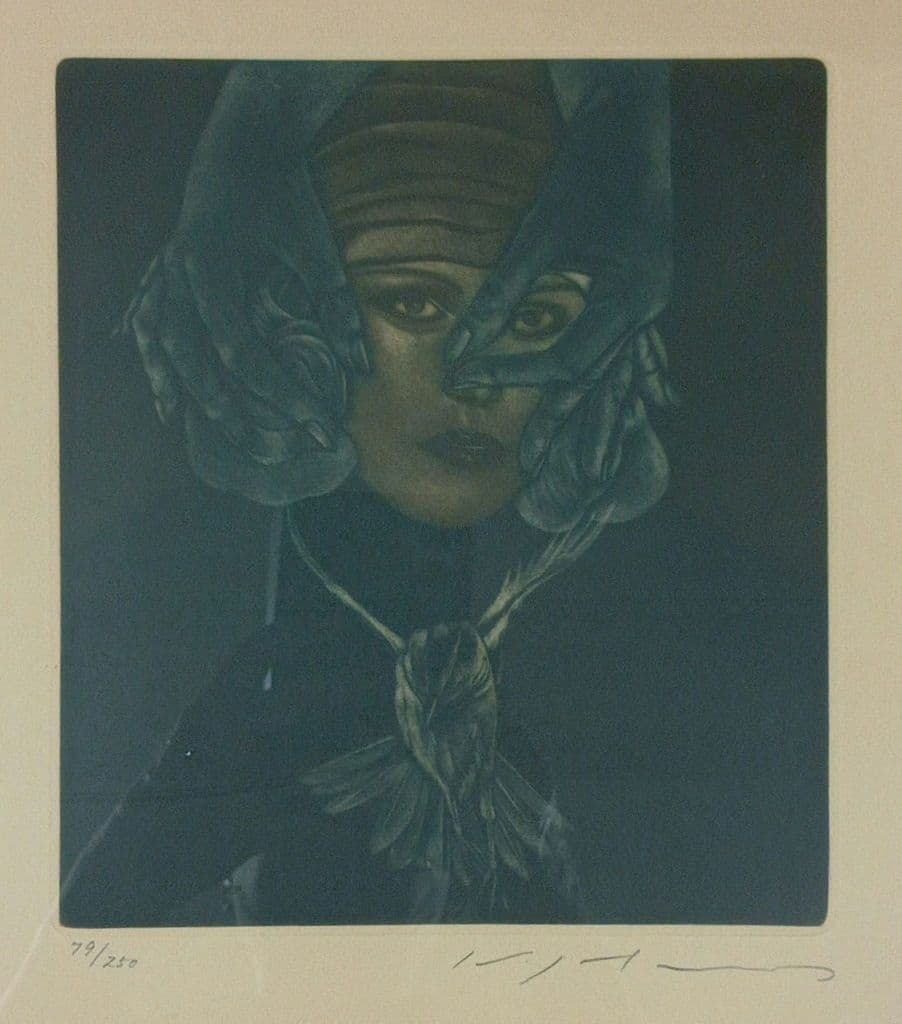 池田満寿夫 メゾチント 鳥のネックレス 79/250 鉛筆サイン入り 真作