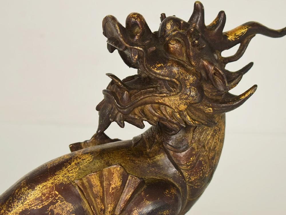 銅】 ☆ 文房 銅鍍金坐姿獬豸造像 ☆ 清朝期 伝説神獣 細密鋳造 雅玩雑
