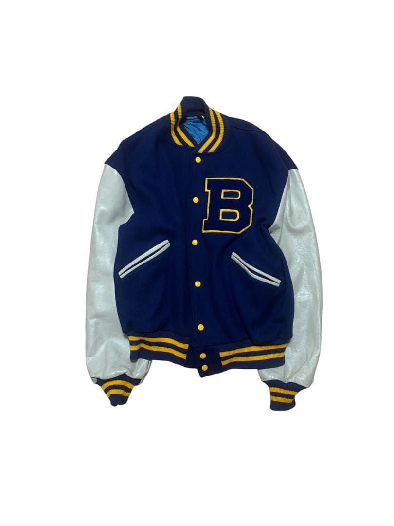 スタジャン ネイビー B刺繍 袖レザー - メルカリ