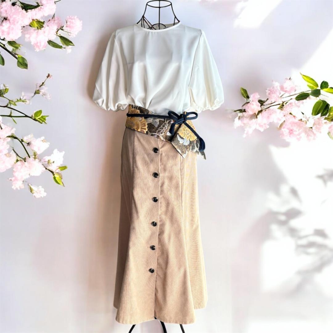 クロスサッシュベルト ロング＊帯締め一体型｜袋帯リメイク 華文 金 黒