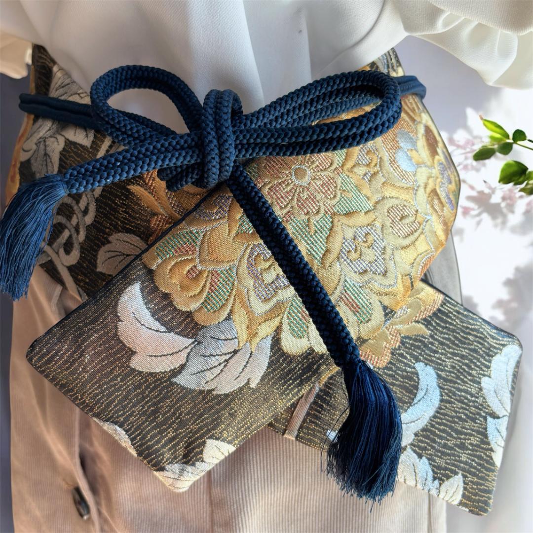 クロスサッシュベルト ロング＊帯締め一体型｜袋帯リメイク 華文 金 黒