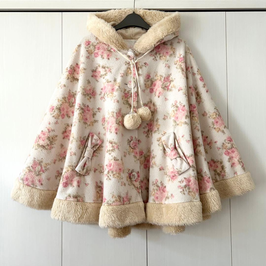 リズリサ LIZLISA ファー ポンチョ 花柄 バラ マント コート ケープ