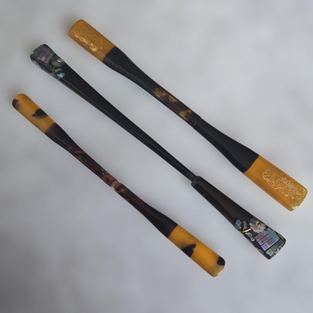 アンティーク 笄 3本セット 金蒔絵 簪 ⑦ 工芸 螺鈿 骨董 江戸 明治