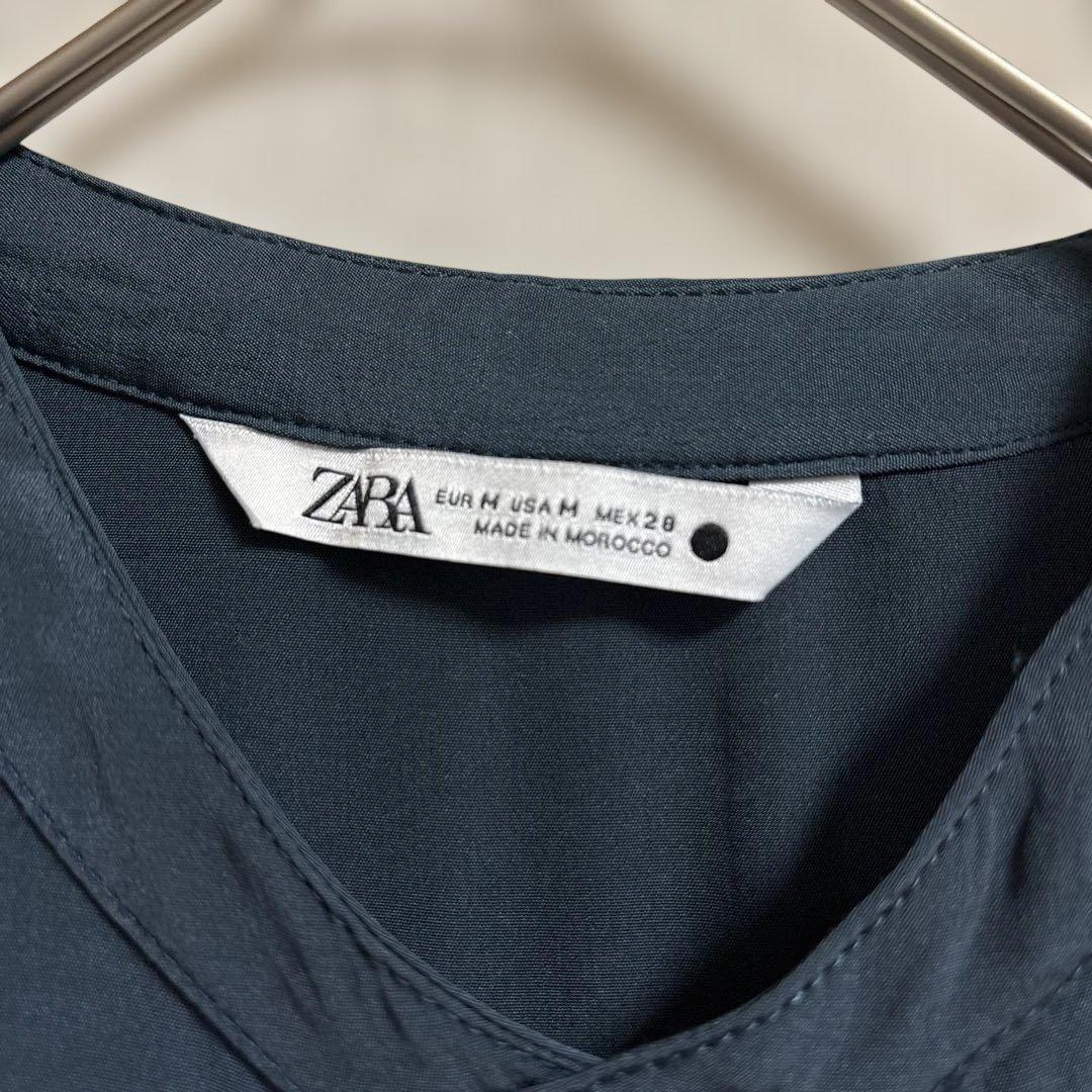 ZARA ザラ 訳あり ダークブルー フリル付き シャツ ブラウス 長袖 M