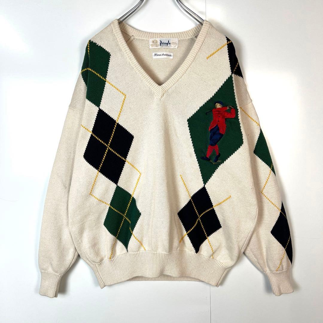 PringleプリングルVネックセーターコットンニットアーガイルチェック