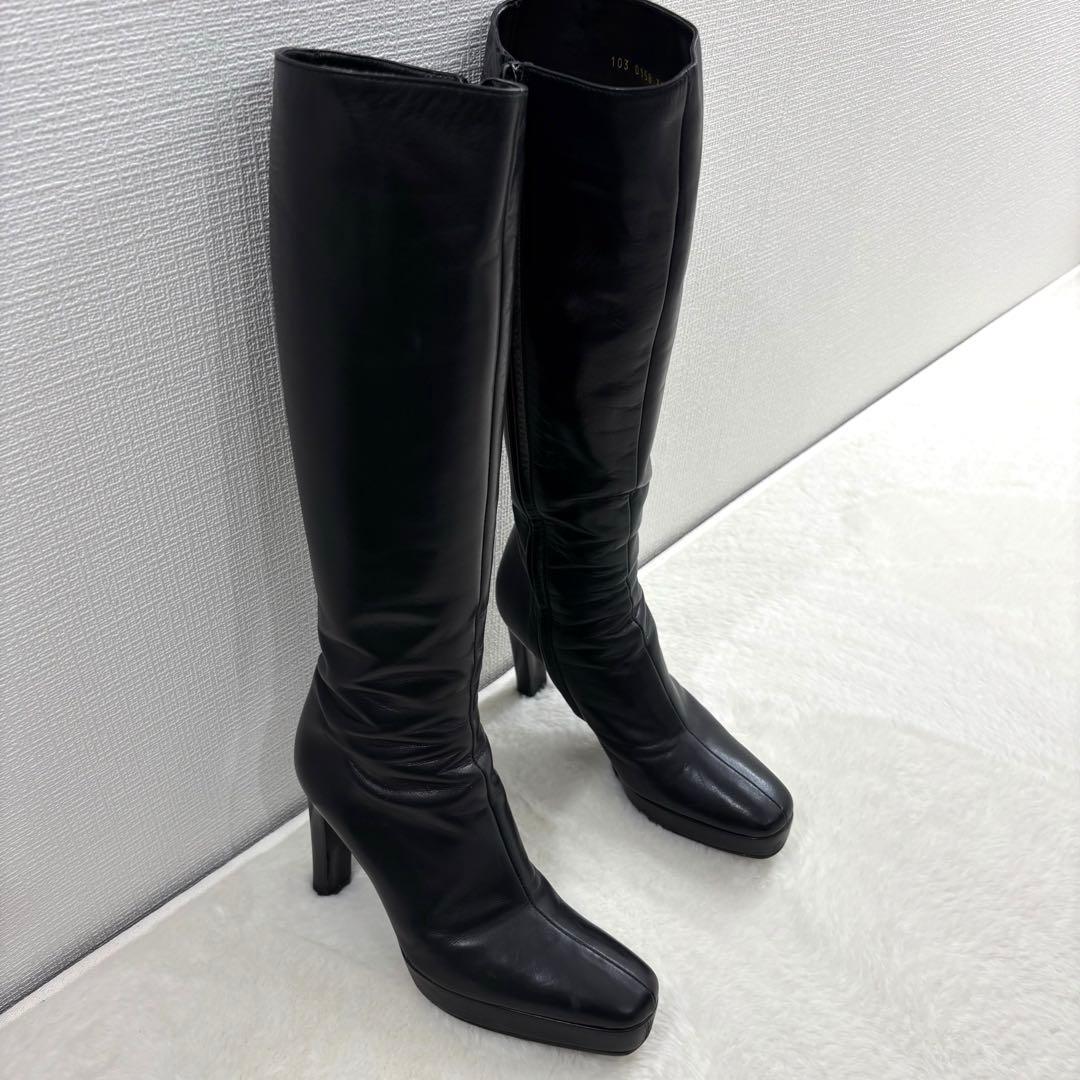 グッチ　ロング ブラック レザー ブーツ　厚底　22.5〜23.0cm　本革