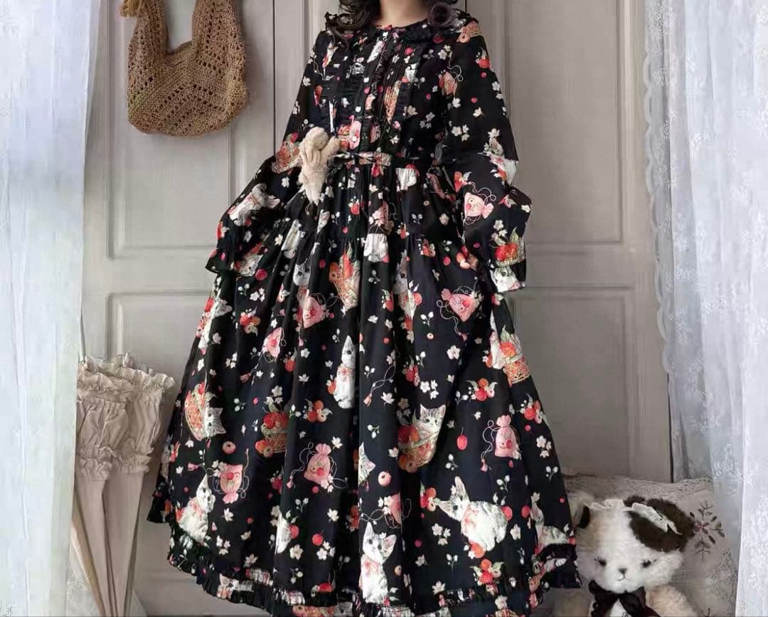 ライチ猫長袖ワンピース シンプル全円黒猫ワンピース ｜ Favorite