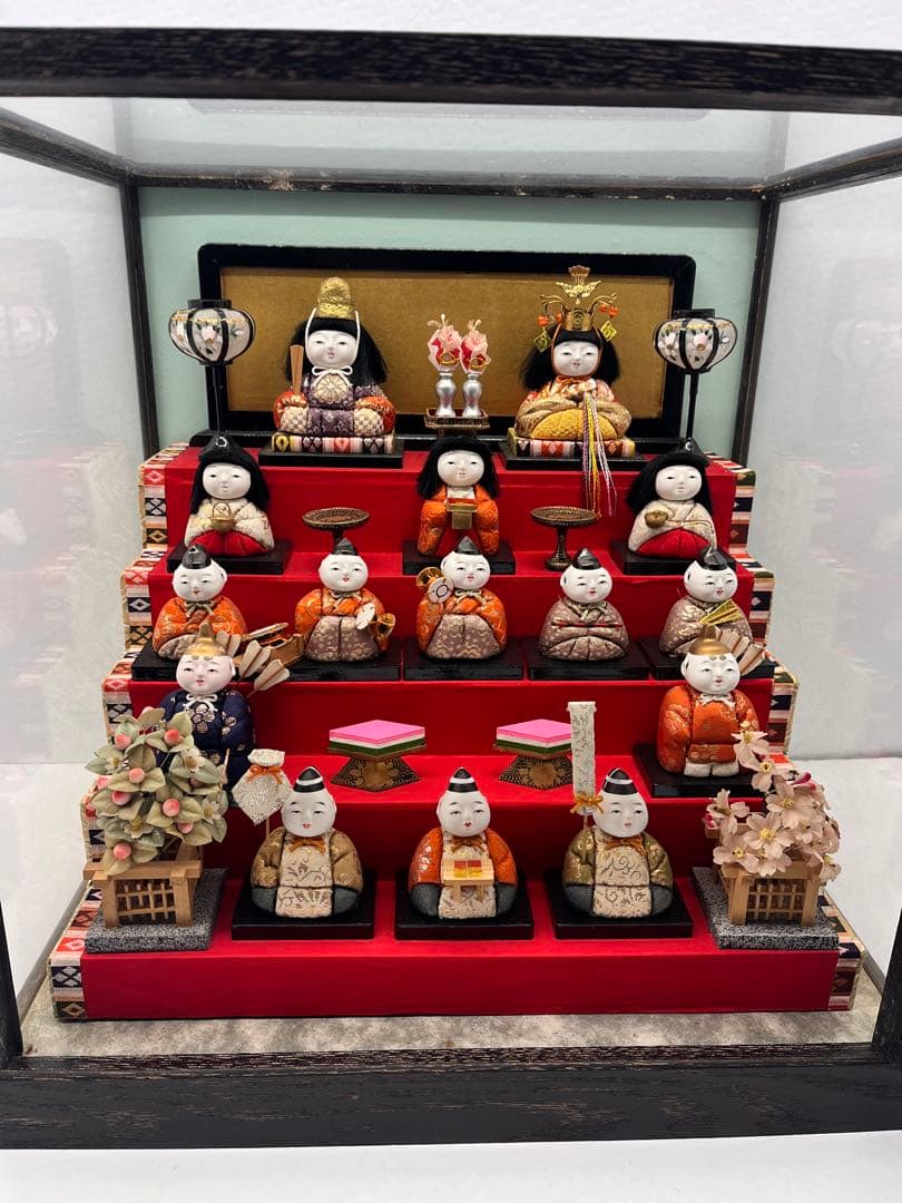 ひな人形 アンティーク 木目込み 豆雛 十五人揃え ガラスケース 15人