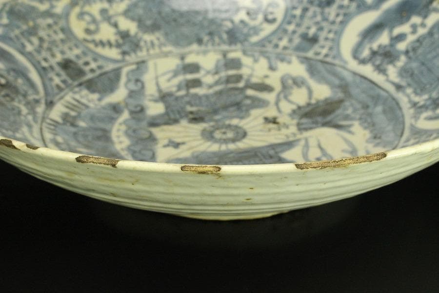 中国美術 青花 呉須 古染付 帆船図 大皿 φ47cm 明 貿易船(LC647