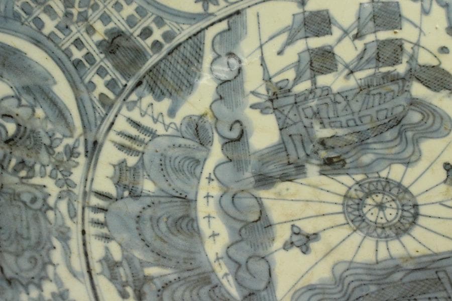 中国美術 青花 呉須 古染付 帆船図 大皿 φ47cm 明 貿易船(LC647