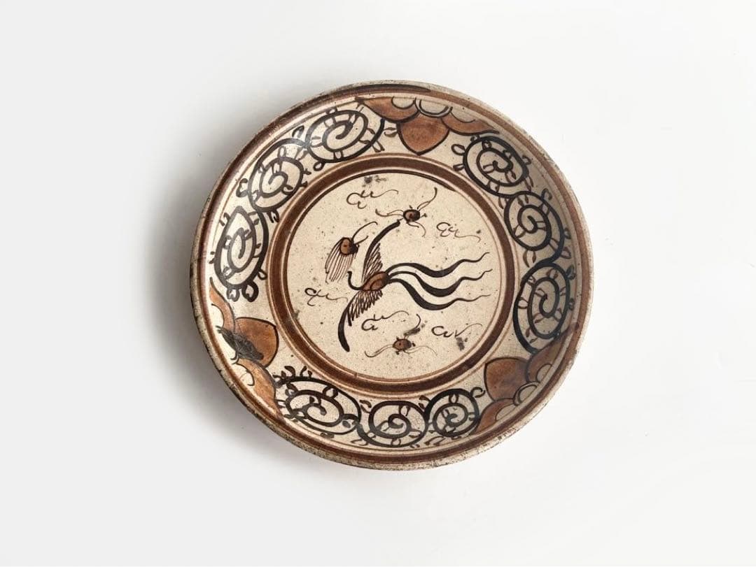 骨董 アンティーク 絵瀬戸 絵志野 鳳凰唐草文様 行燈皿 丸皿 石皿 瀬戸