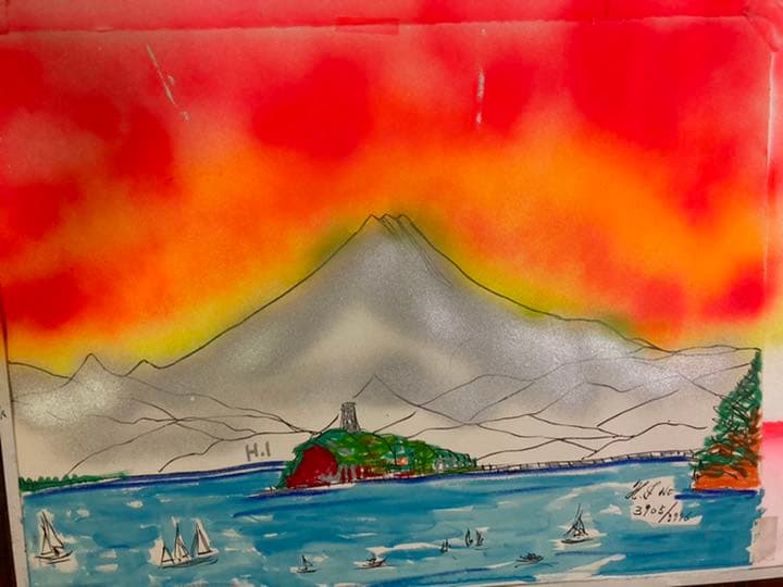 幻想絵画、空飛ぶ画家糸川裕志の富士山曼荼羅の一点、水彩画 - メルカリ