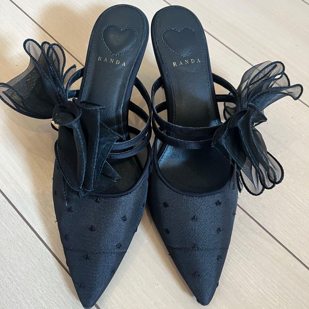 RANDA シフォンリボンハートミュールパンプス 25.5cm ブラック ランダ