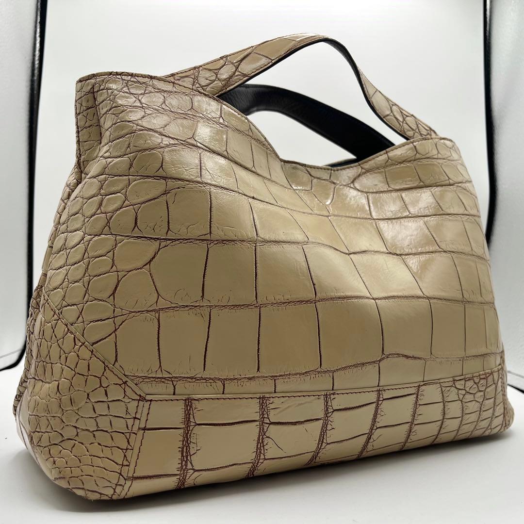 JRA認定 美品◎ クロコダイル ハンドバッグ 目地染め ベージュ 大容量 JRA認定】CROIX ROYAL クロワロワイヤル マットクロコダイル バニラ
